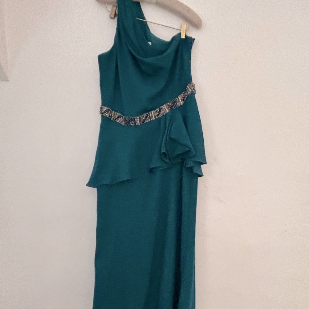 Badgley Mischka Teal One Shoulder Dress